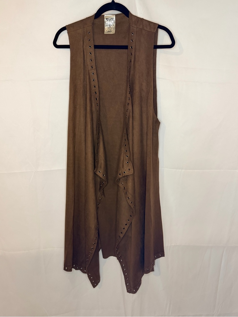 Vocal Brown Stud-Trim Sleeveless Drape Vest Faux Suede